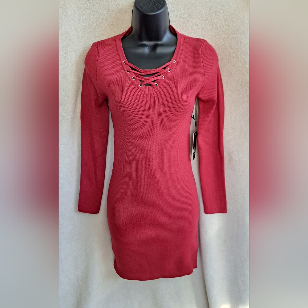 Iconic Apparel Red Mini Long Sleeve Sweater Dress